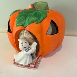 Vintage Ceramic Halloween Pumpkin and Ghost Tea Light Votive Candle Hold…